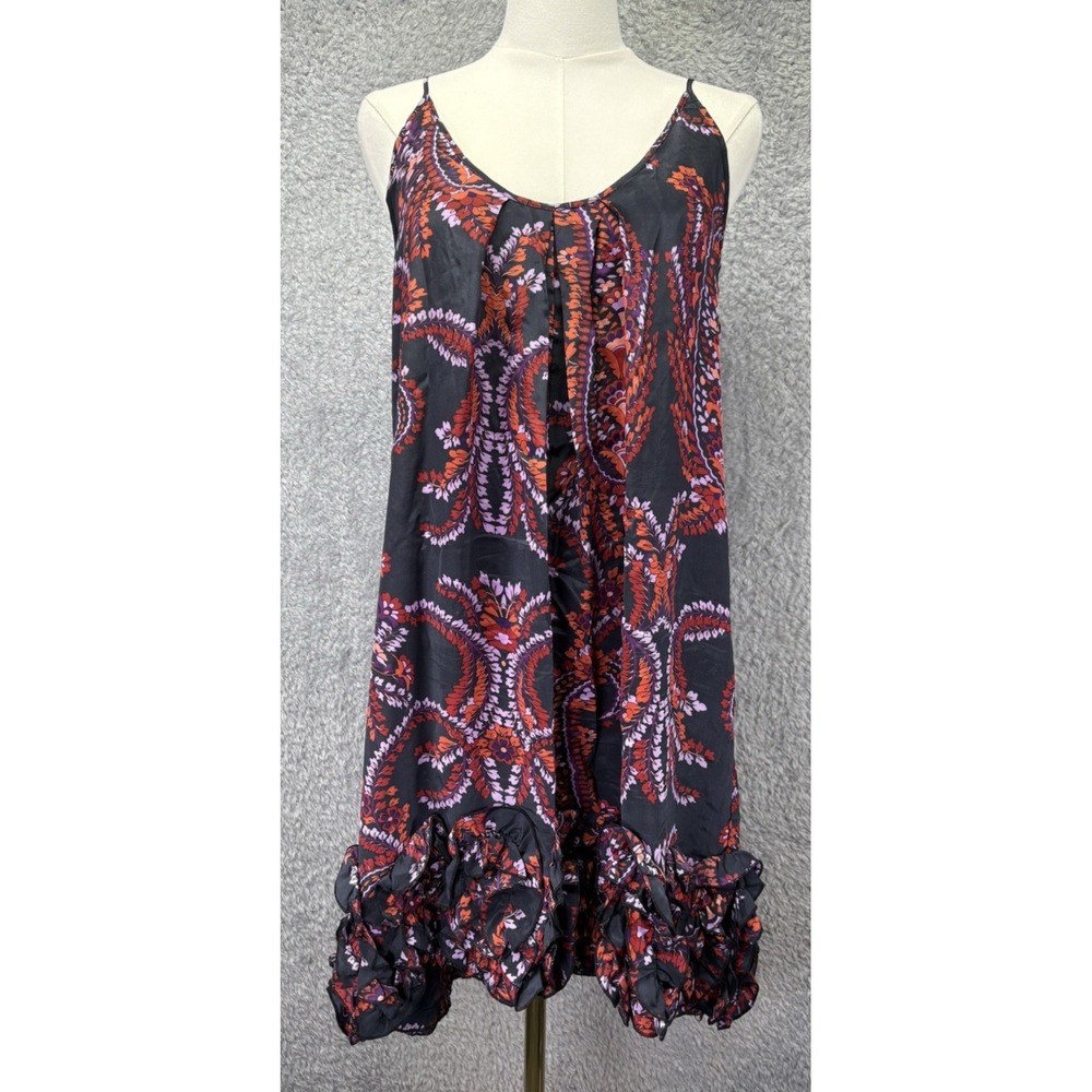Haven Womens L 100% Silk Mini Dress Sleeveless Pleated Ruffle Hem Shift Party